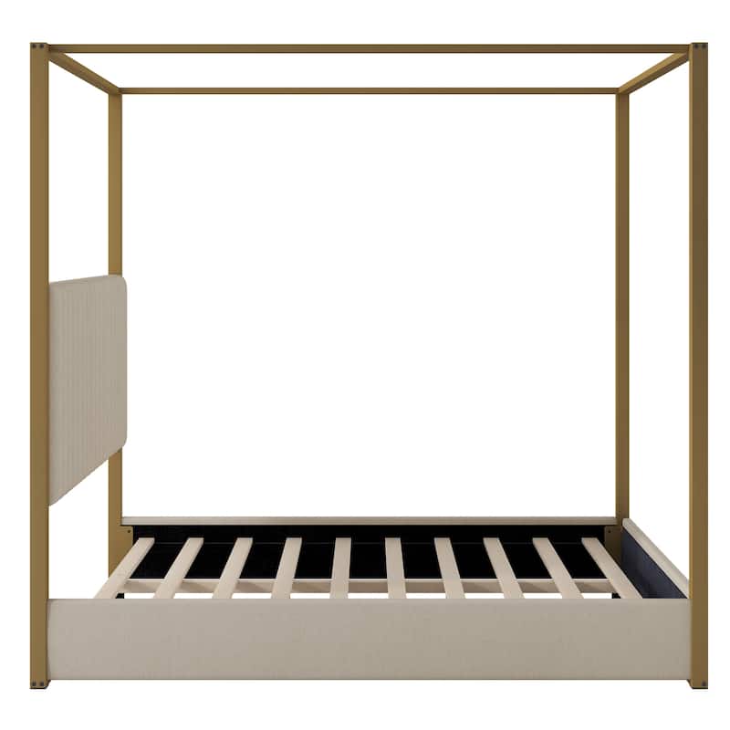 Roomfitters Queen Upholstered Canopy Platform Bed with Padded Headboard and Sturdy Metal Frame, Beige
