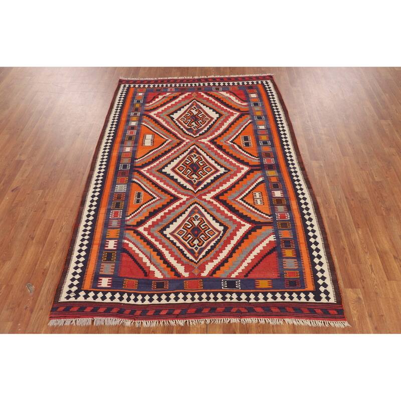 Orange Kilim Qashqai Persian Vintage Rug Hand-Woven Wool Carpet - 5'3"x 7'8"