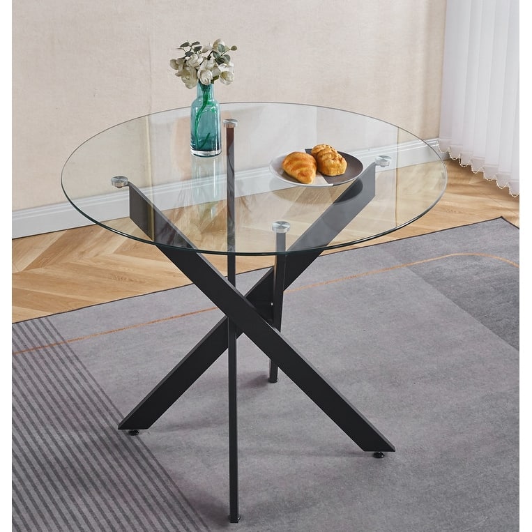 Black Dining Table with cross metal leg and tempered glass,Modern Space Saving Kitchen Table for Living Room