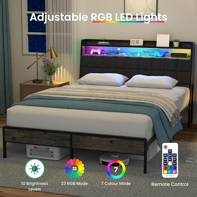 Full Size Metal LED Storage Bed Frame with Ergonomic Headboard, Charging Station and RGB Lighting