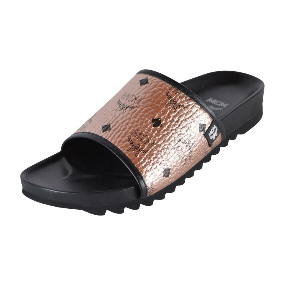 Shop Mcm Men S Champagne Gold Canvas Visetos Monogram Slides