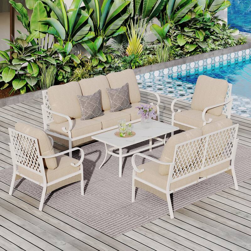 MAISON ARTS 7-Seat Patio Conversation Set, 2/4 x Cushioned Metal Chair, 1 x 2-Seat Sofa,1 x 3-Seat Sofa with Coffee Table