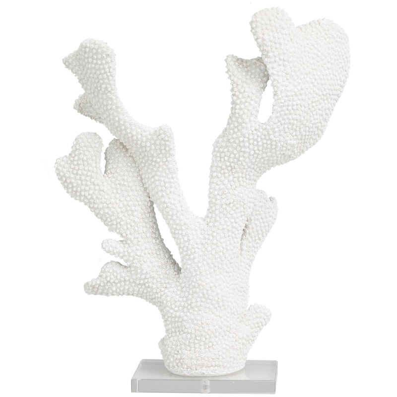 White Polystone Tall Textured Coral Decorative Sculpture with Clear Acrylic Base