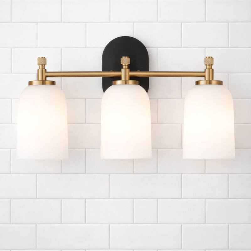 Flac Three-Light Vanity Wall Fixture in Brushed Gold with Frosted Glass Shades