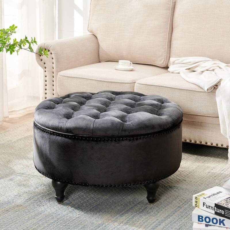 SIDA 30" Tufted Round Storage Ottoman, Velvet ,Silver Grey