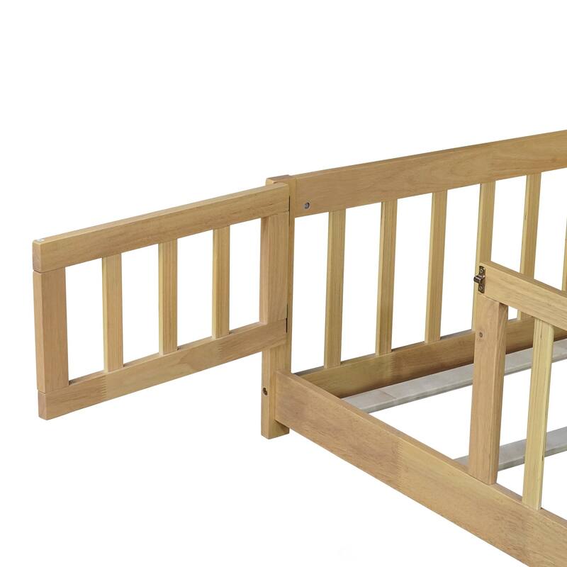Twin Size Floor Bed with Fence and Door,Rubber Wood Floor Bed with Safety Guardrails
