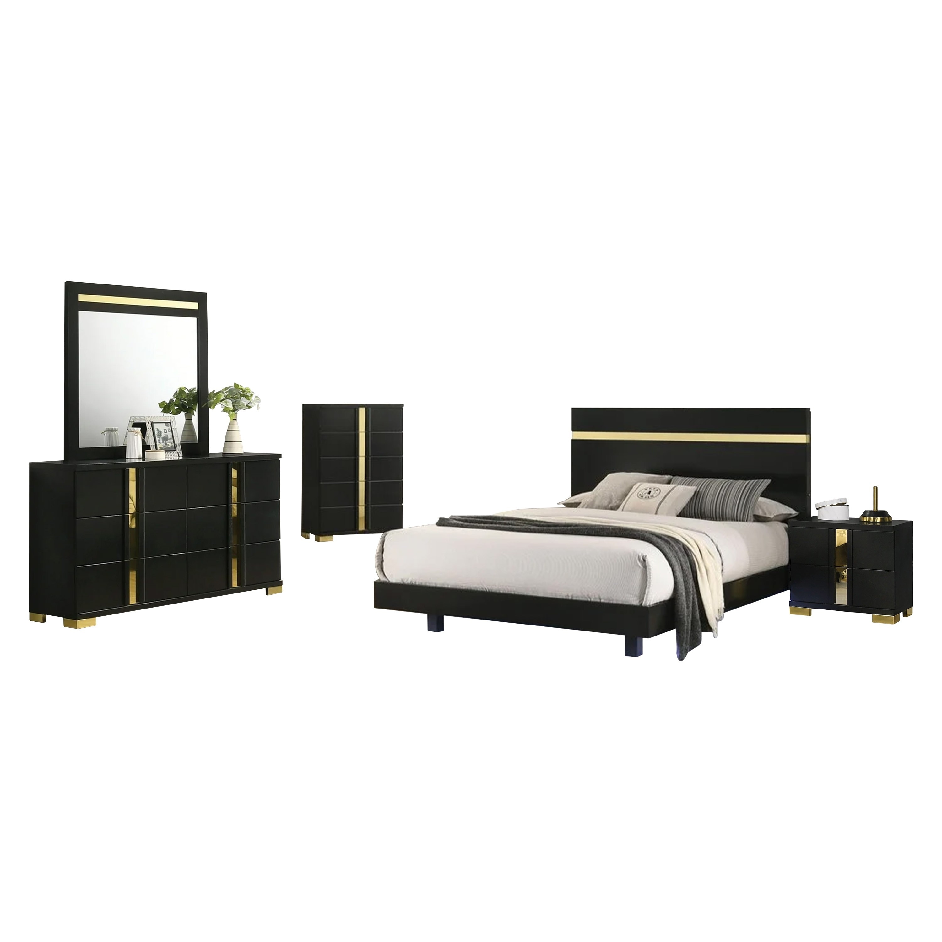 Yoki 5pc Queen Bedroom Set w Underbed LED, Black and Gold, Tall Dresser -  Overstock - 44143940