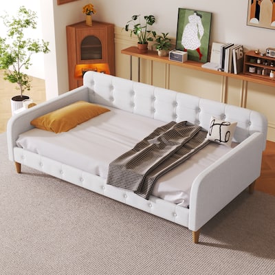 Modern Twin Size Daybed Bed Frame, Linen Upholstered Platform Bed with Wood Slatted and Button Backrest Headboard