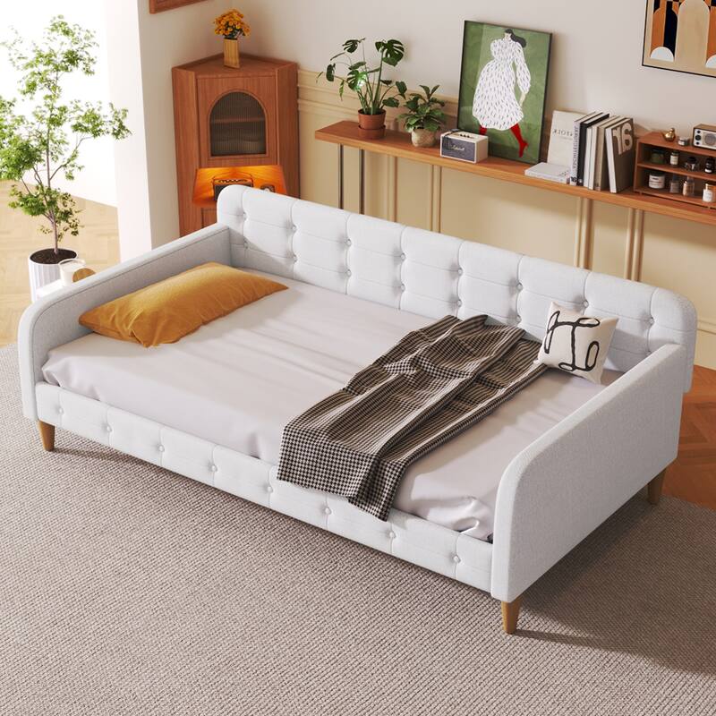 Tufted Upholstered Daybed with 4 Solid Pine Legs, Linen Fabric Sofa Bed Frame, Wooden Slat Support, Easy Assemble