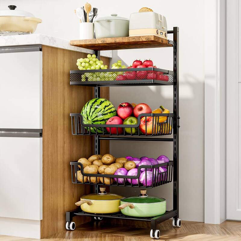 5 Tier Fruit Basket Kitchen Storage Cart, Adjustable Fruit and Vegetable Basket, Wooden Top Table Fruit Rack - Black