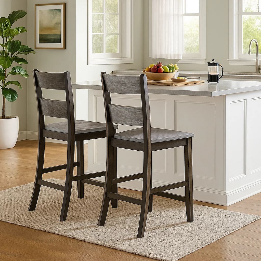 Wooden Counter Height Side Chair with Ladder Backrest, Set of 2, Dark Brown