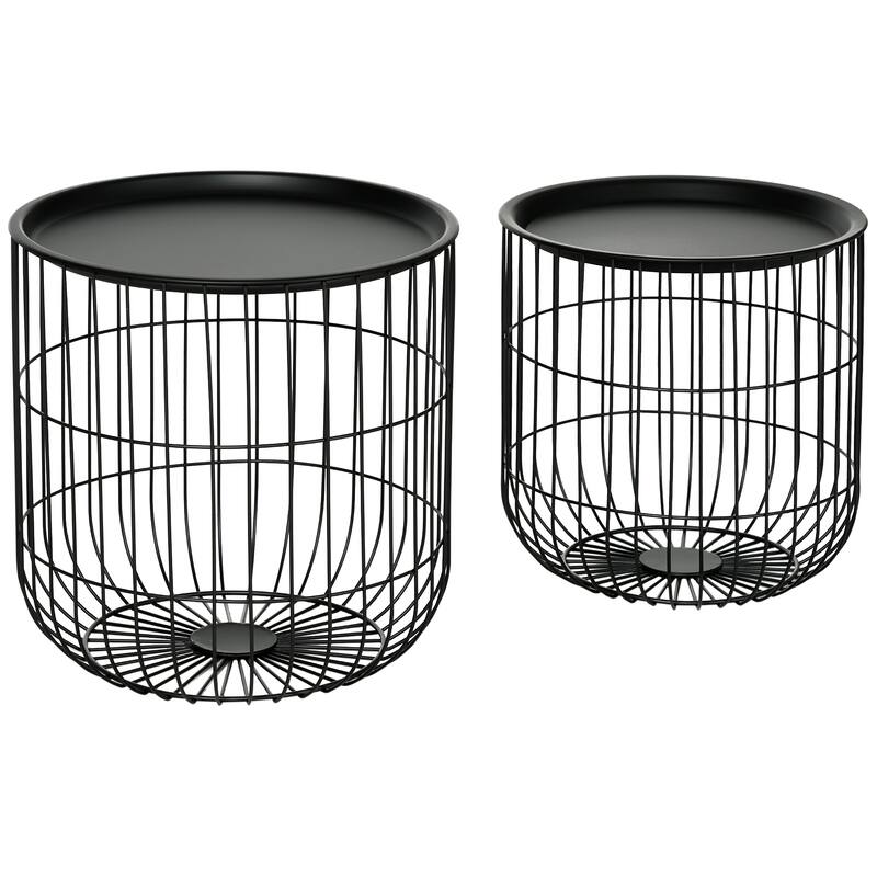 HOMCOM Nesting End Tables, Round Coffee dinnof 2 with Steel Wired Basket Body and Removable Top, Black