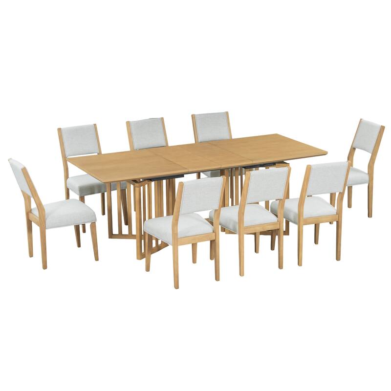 Roomfitters Farmhouse 9-Piece 83.9" Extendable Dining Set with 2 Removable Leaves and 8 Upholstered Chairs, Natural