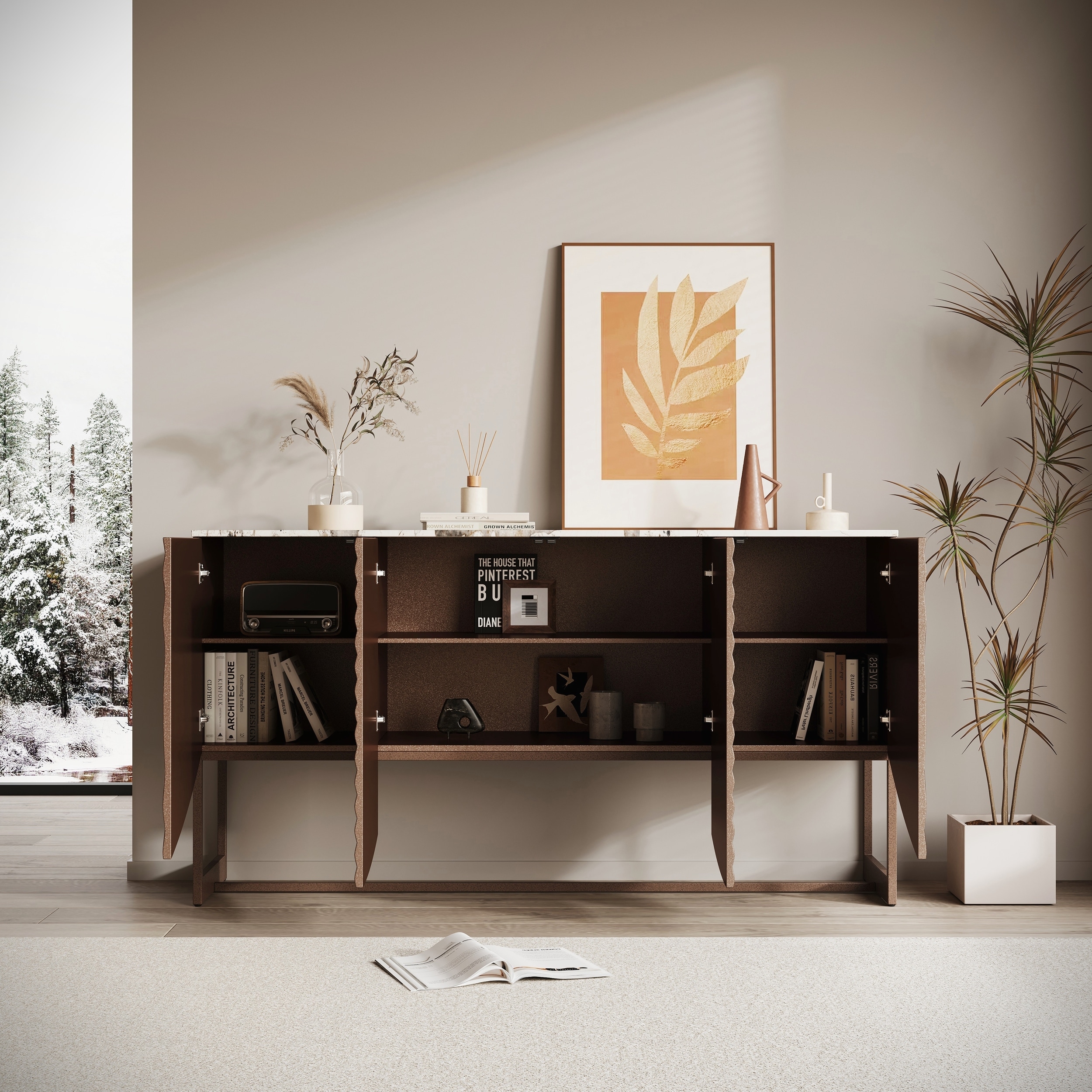 Unique 3D Wave Texture Sideboard with Marble-like Sticker Top for Living room and Dining Room