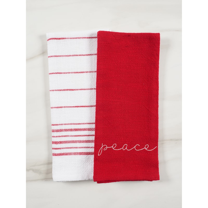 Kitchen Towels Holiday Red Embroidered Monaco - Peace (Set of 4) - 28" x 18"