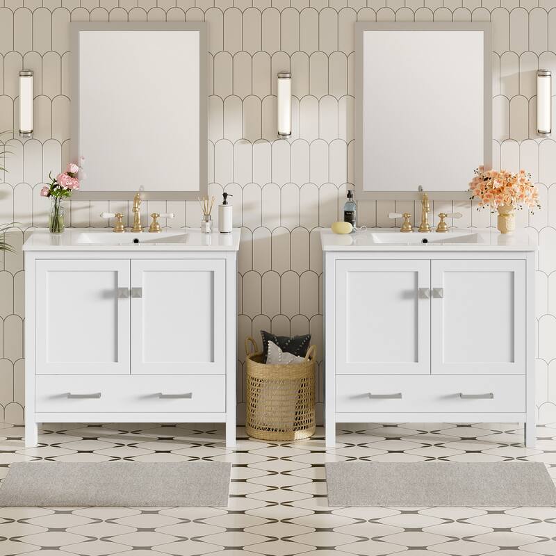 72" Double Sink Bathroom Vanity - Modern Wide Cabinet with Ceramic Basins, Soft-Close Doors & Divided Storage