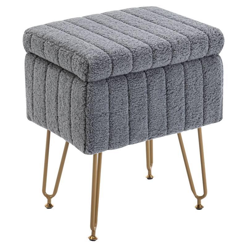 Set of 1 Lamb Wool Fabric Upholstered Storage Ottoman with Matte Golden Legs