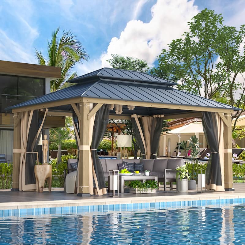 Hardtop Wood Gazebo for Patio, Outdoor Cedar/Spruce Pergola with Metal or Asphalt Roof, All-Weather Backyard Shelter