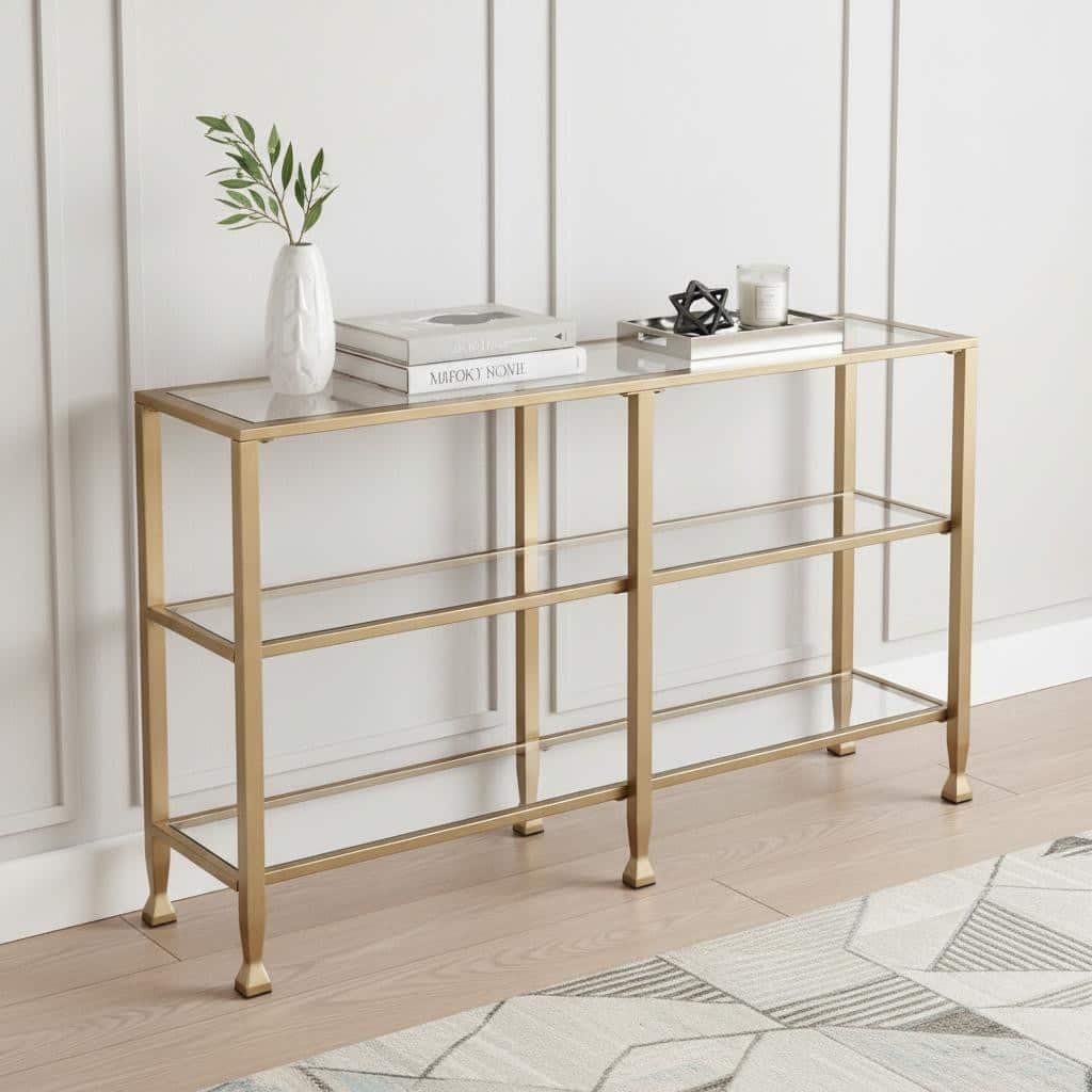 HomeRoots 49" Clear and Gold Glass Floor Shelf Console Table With Storage - 48.50 in. x 29.25 in. x 12.75 in.