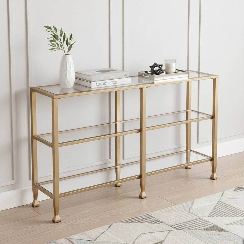 HomeRoots 49" Clear and Gold Glass Floor Shelf Console Table With Storage - 48.50 in. x 29.25 in. x 12.75 in. - Clear