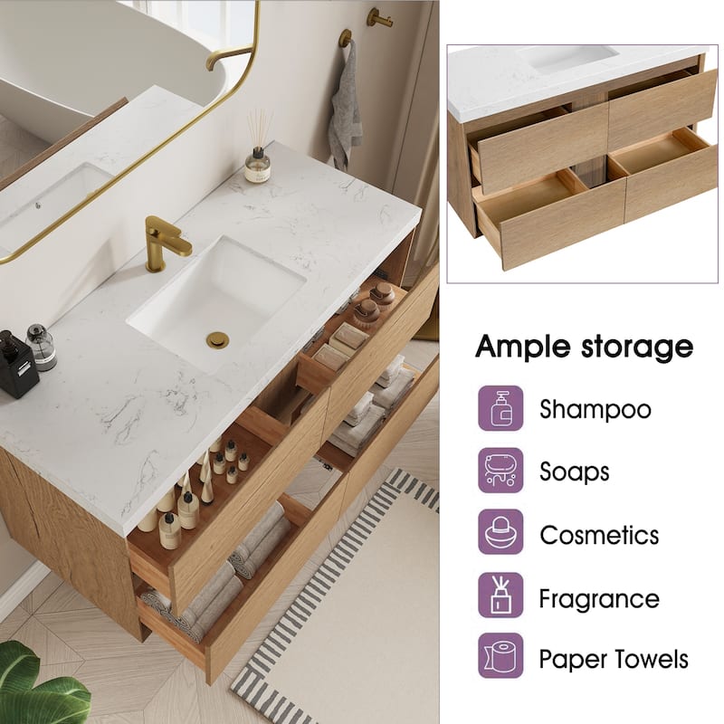Sylphar 48 inch Bathroom Vanity with Sink, Floating Oak Cabinet with Stone Top
