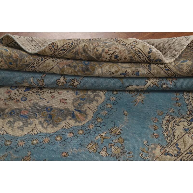 Blue Traditional Tabriz Persian Vintage Rug Hand-Knotted Wool Carpet - 7'10" x 10'10"