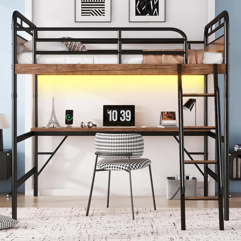 Black Full Metal Loft Bed with LED Lights, Desk, and Built-In Charging Station