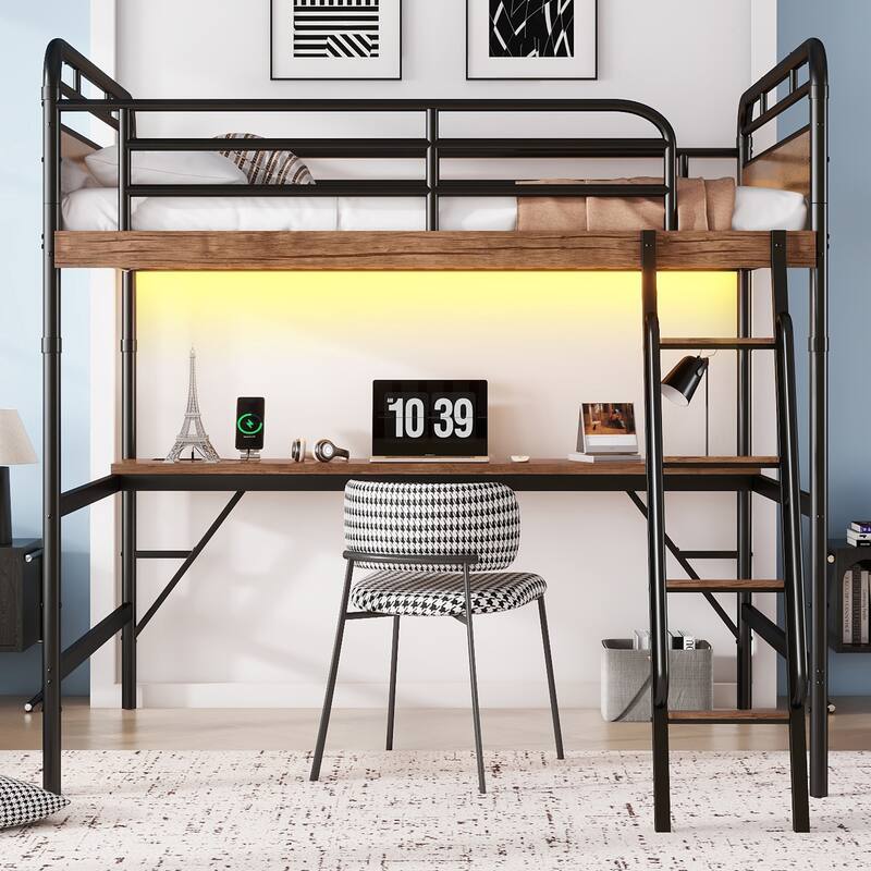 Full Size Metal Loft Bed with Desk, LED Light, and Charge Station, Black