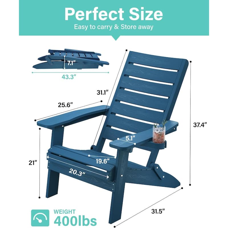 WINSOON HIPS All Weather Folding Adirondack Chairs with Arc Back & Cup Holder Set Of 2