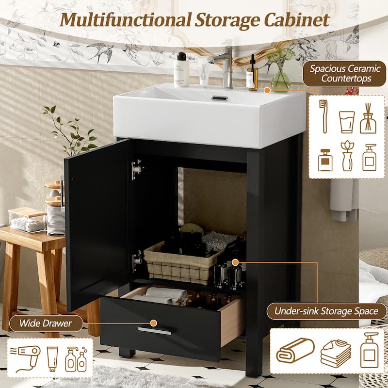 Minimalist Design Storage Cabinet Bathroom Vanity with Drop-In Ceramic Sink, Drawer, Silver Metal Handles and Plastic Feet Pads