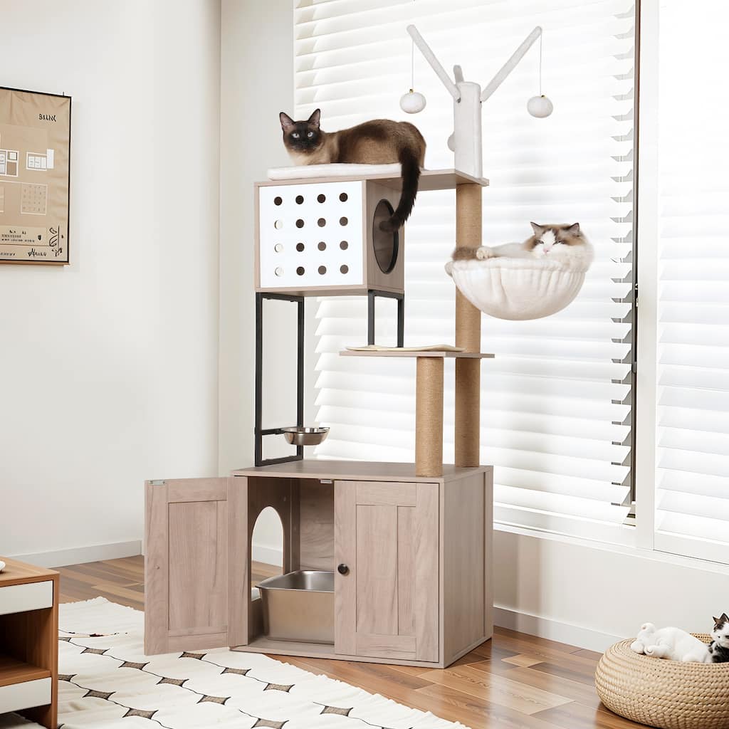 Cat Tree with Litter Box Enclosure - Modern Cat Condo with Scratching Posts, Feeding Bowl & Removable Pompom Sticks, Gray
