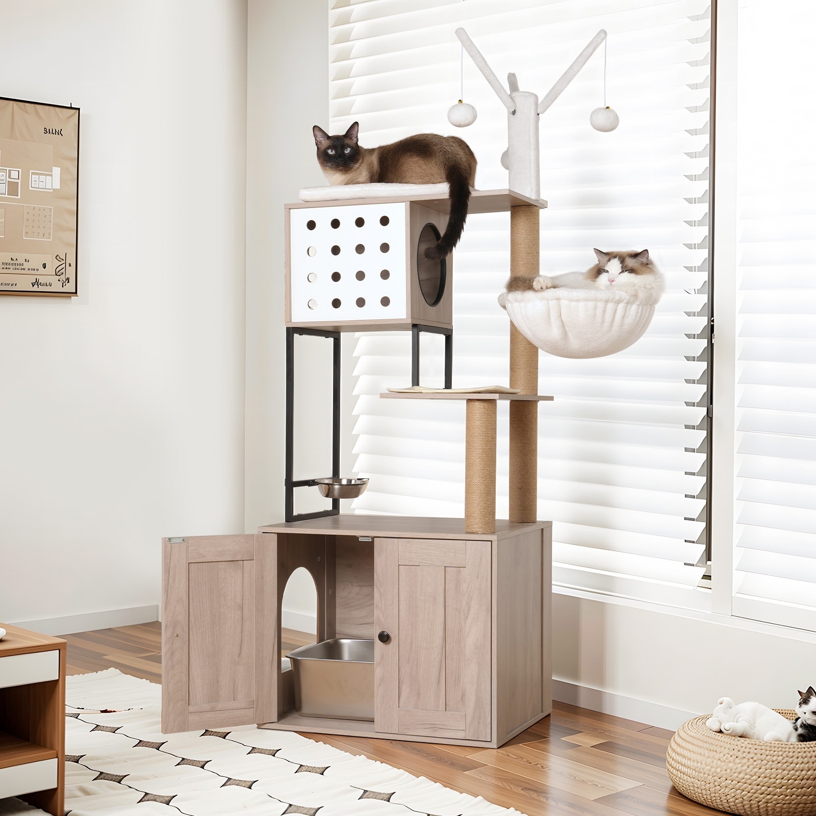 Cat Tree with Litter Box Enclosure - Modern Cat Condo with Scratching Posts, Feeding Bowl & Removable Pompom Sticks - White+gray