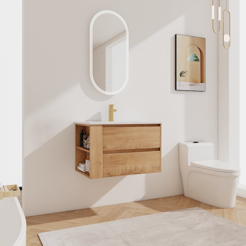 30"Wall Mounting Bathroom Vanity With Ceramic Sink, 2-Soft Close Drawer