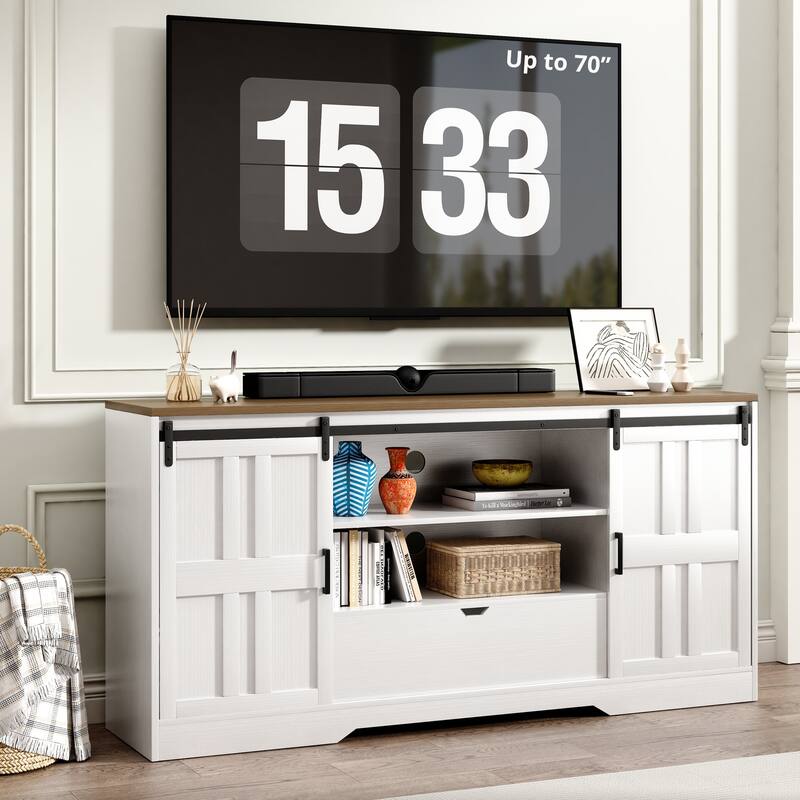 TV Stand for 65 Inch TV, Mid Century Modern Entertainment Center with Sliding Barn Doors - White