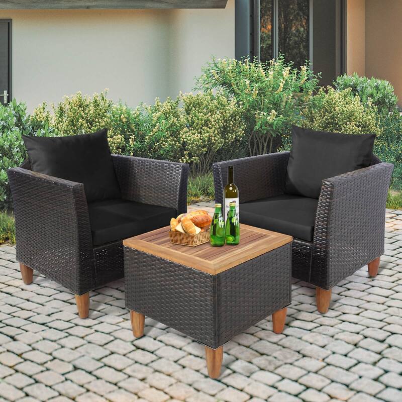 Costway 3PCS Patio Wicker Rattan Sofa Set Furniture Acacia Wood