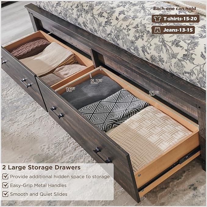 Farmhouse Queen Size Bed Frame w/ 54" Tall Headboard & 2 Large Drawers