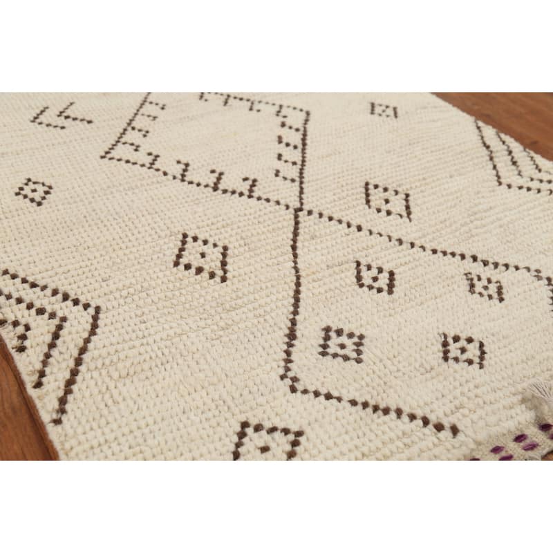 Ivory Geometric Moroccan Oriental Accent Rug Handmade Wool Carpet - 2'10"x 5'7"