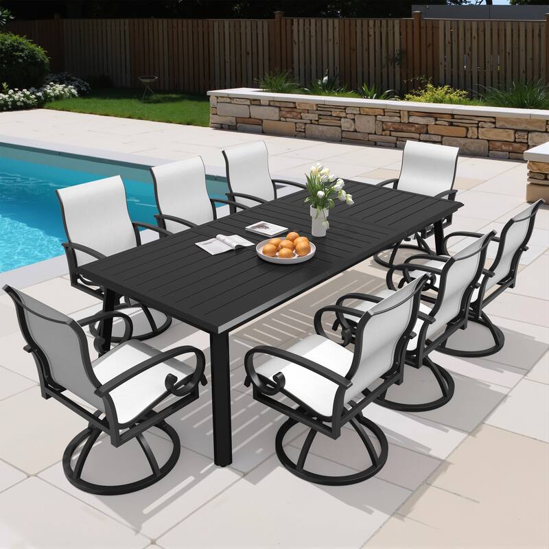 9PC Outdoor Patio Aluminum Dining Set Table with Sunbrella Swivel Dining Chairs Umbrella Hole