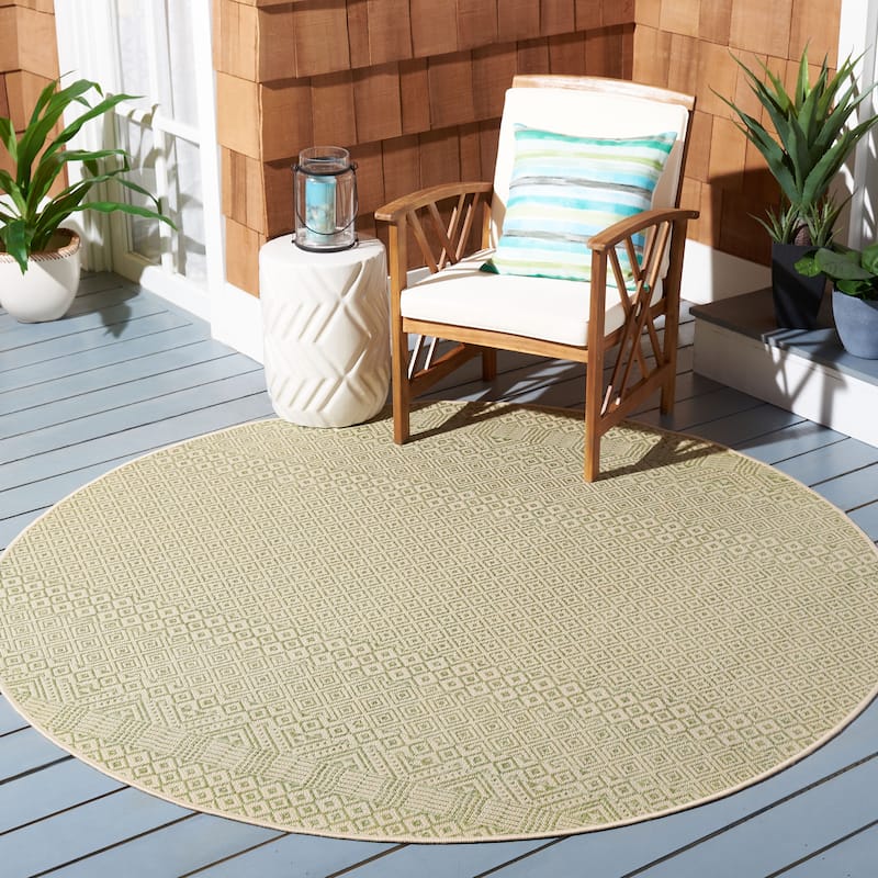 SAFAVIEH Courtyard Shikibu Indoor/ Outdoor Waterproof Patio Backyard Rug - 6'7" Round - Beige/Green