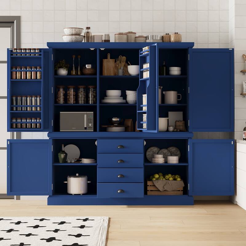 73'' Freestanding Wooden Kitchen Pantry Organizer, Tall Storage Cabinet with Drawers and Adjustable Shelves - Blue