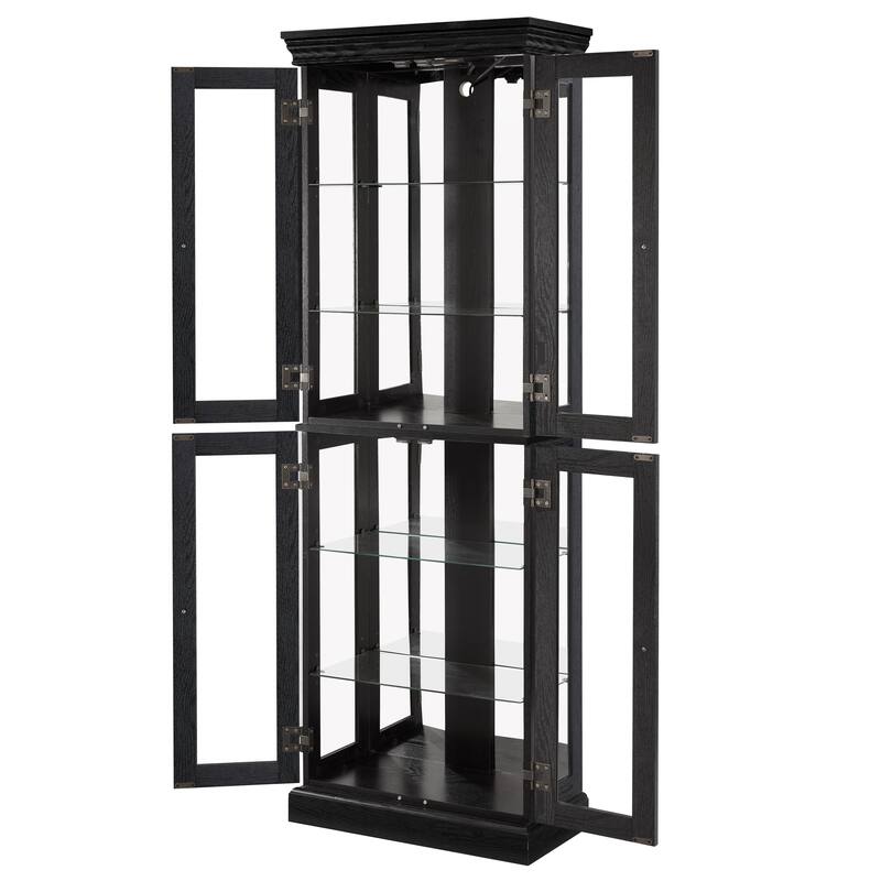 Elegant Lighted Glass Curio Display Cabinet - Wooden Frame Storage for Living Room, Kitchen & Pantry - Includes Light Bulb