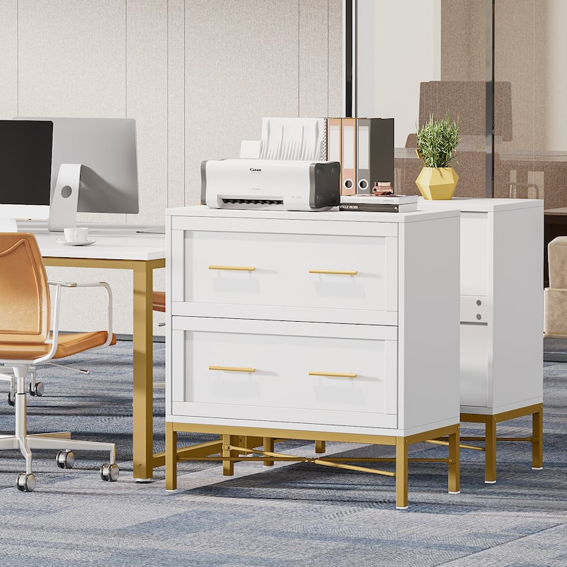 32 Inch File Cabinet, Modern 2 Drawer Lateral Filing Cabinet for Letter/Legal/A4 Size, for Home Office, White Gold