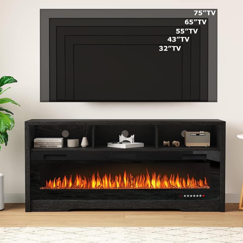 BOSSIN Fireplace 65" TV Stand for TVs Up to 75" TV with 60" Electric Fireplace,Entertainment Center with Open Shelve Storage