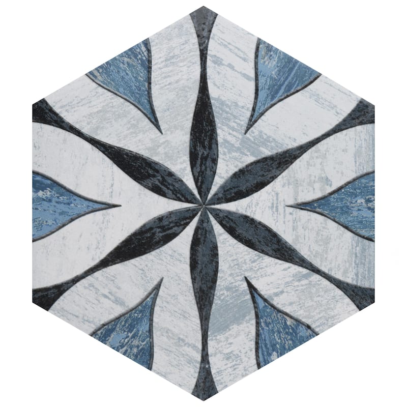 Merola Tile Cassis Hex Flower Black 8-5/8" x 9-7/8" Porcelain Floor and Wall Tile