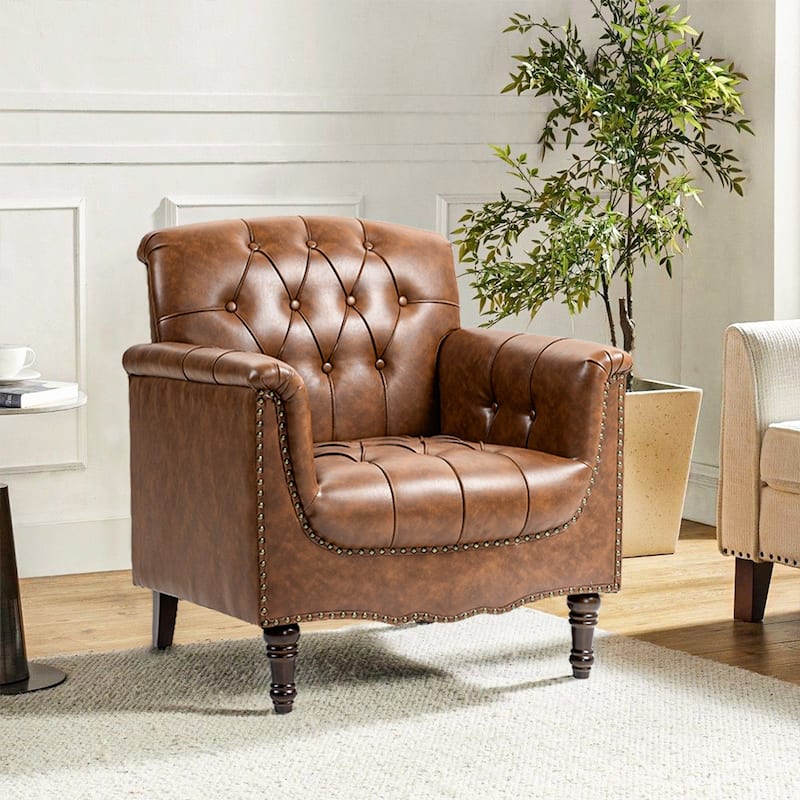 Traditional Faux Leather Tufted Accent Arm Chair with Nailhead Trim - 1-Piece - Brown