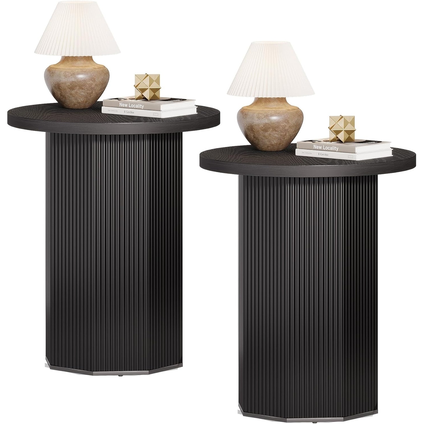 Round End Table, Farmhouse Pedestal Side Table, Fluted Wooden Nightstand Drink Stand for Living Room, Bedroom (2, Black)