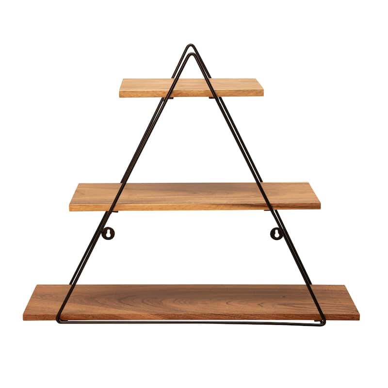 Wooden Triangle Shelf with Metal Frame - 3 Tiered Wall Shelf - Rustic Farmhouse Contemporary Style - 25" x 6.5" x 20"