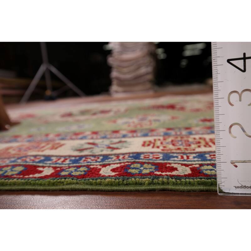 Green Geometric Kazak Area Rug Hand-Knotted Wool Carpet - 4'10" x 6'8"
