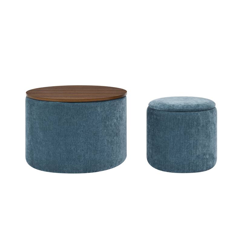 Roomfitters 2-Piece Round Chenille Storage Ottoman Set with Drum-Shaped Stool and MDF Top, Hidden Compartment