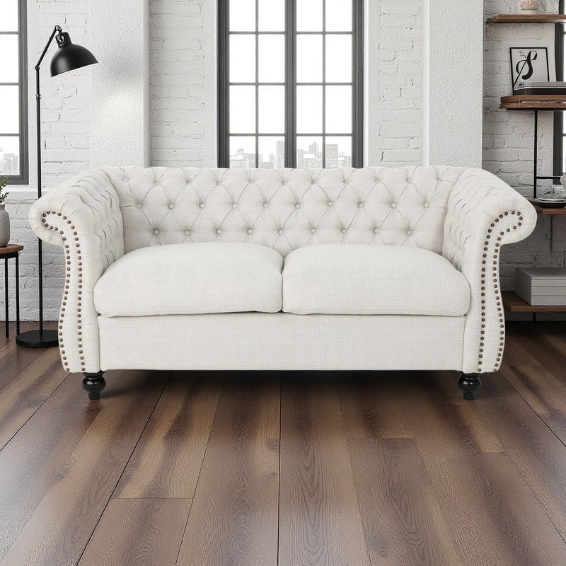 61.75" Velvet Chesterfield Loveseat Sofa with Button-Tufted Upholstery, Nailhead Trim and Rolled Arms - Beige